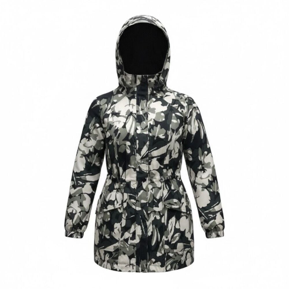 Chicos Green Floral Camo Print Rain Women Jacket Size 2 (12/14) Removable Hood